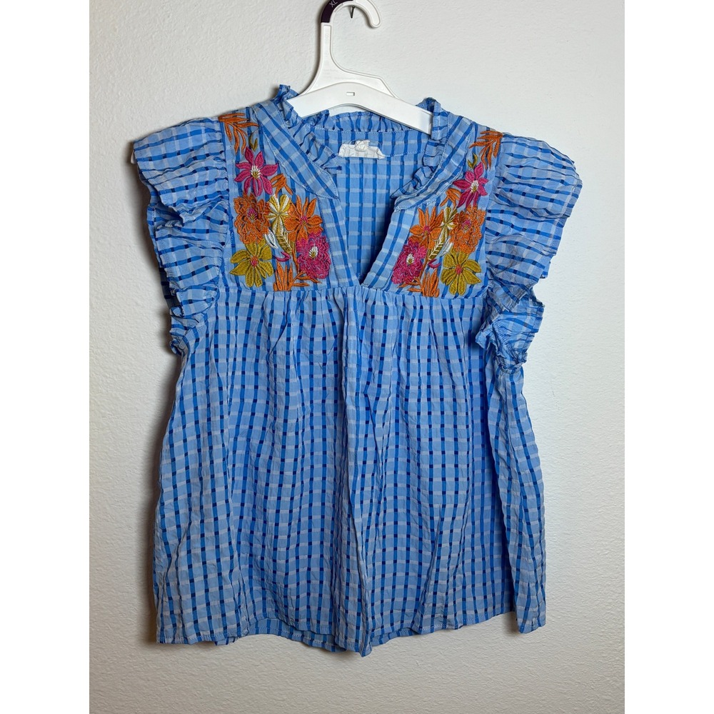 THML Blue Gingham Floral Embroidered Flutter Sleeve Ruffle Neck Blouse Small